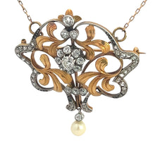 Load image into Gallery viewer, The Edwardian Platinum &amp; 18kt Yellow Gold 4.35cttw Old Mine, Rose cut Diamond &amp; Pearl Necklace exudes ornate, vintage elegance with its swirling gold and silver designs. It features several small diamonds arranged in floral patterns and a single pearl hanging from the bottom, all attached to a delicate chain.