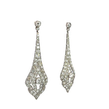 Load image into Gallery viewer, A pair of elegant, elongated teardrop-shaped earrings encrusted with small diamonds. These Art Deco Platinum 8cttw Old Mine Cut &amp; Antique Cut Diamond Drop Earrings feature intricate, symmetrical patterns and a central diamond at the base of the teardrop shape, connecting to a stud post at the top.