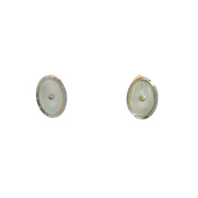 Load image into Gallery viewer, Against a plain white background, a pair of oval cufflinks with a light pearly center encased in a metallic border evoke the elegance found in Art Deco 14kt Yellow &amp; White Gold Mother of Pearl Omega Back Earrings.