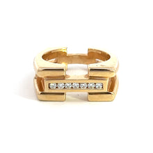 Load image into Gallery viewer, The Late Century 14ktyg Gauthier .35cttw Heavy Gold Ring features a distinctive geometric design with a rectangular shape and open spaces on both sides. Crafted from 14kt yellow gold, this ring is adorned with a horizontal row of small, sparkling diamonds in the center, giving it an elegant and modern appearance.