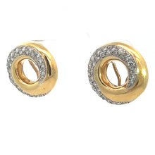 Load image into Gallery viewer, A pair of Late Century 18kt Yellow Gold 2.25cttw Round Brilliant Cut Diamond Swirl Earrings with a circular design. These earrings feature an open center and are adorned with small, sparkling diamonds around the outer edge, exuding vintage glamour with their spiral-inspired design.