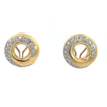 Load image into Gallery viewer, Introducing the Late Century 18kt Yellow Gold 2.25cttw Round Brilliant Cut Diamond Swirl Earrings: a pair of circular earrings with a stylish design. Each earring features an open center and is adorned with a diamond swirl along the outer edge. The interior boasts a delicate, gold Y-shaped support structure, resulting in a modern and elegant appearance with a touch of vintage glamour.