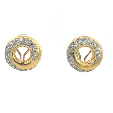 Introducing the Late Century 18kt Yellow Gold 2.25cttw Round Brilliant Cut Diamond Swirl Earrings: a pair of circular earrings with a stylish design. Each earring features an open center and is adorned with a diamond swirl along the outer edge. The interior boasts a delicate, gold Y-shaped support structure, resulting in a modern and elegant appearance with a touch of vintage glamour.