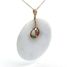 Load image into Gallery viewer, A delicate 14kt yellow gold chain necklace features a 20th-century lavender jade disc pendant. This vintage pendant is adorned with a small, decorative gold element that holds multicolored jade stones in green, red, and white hues, creating an elegant and subtle contrast to the minimalistic lavender jade.