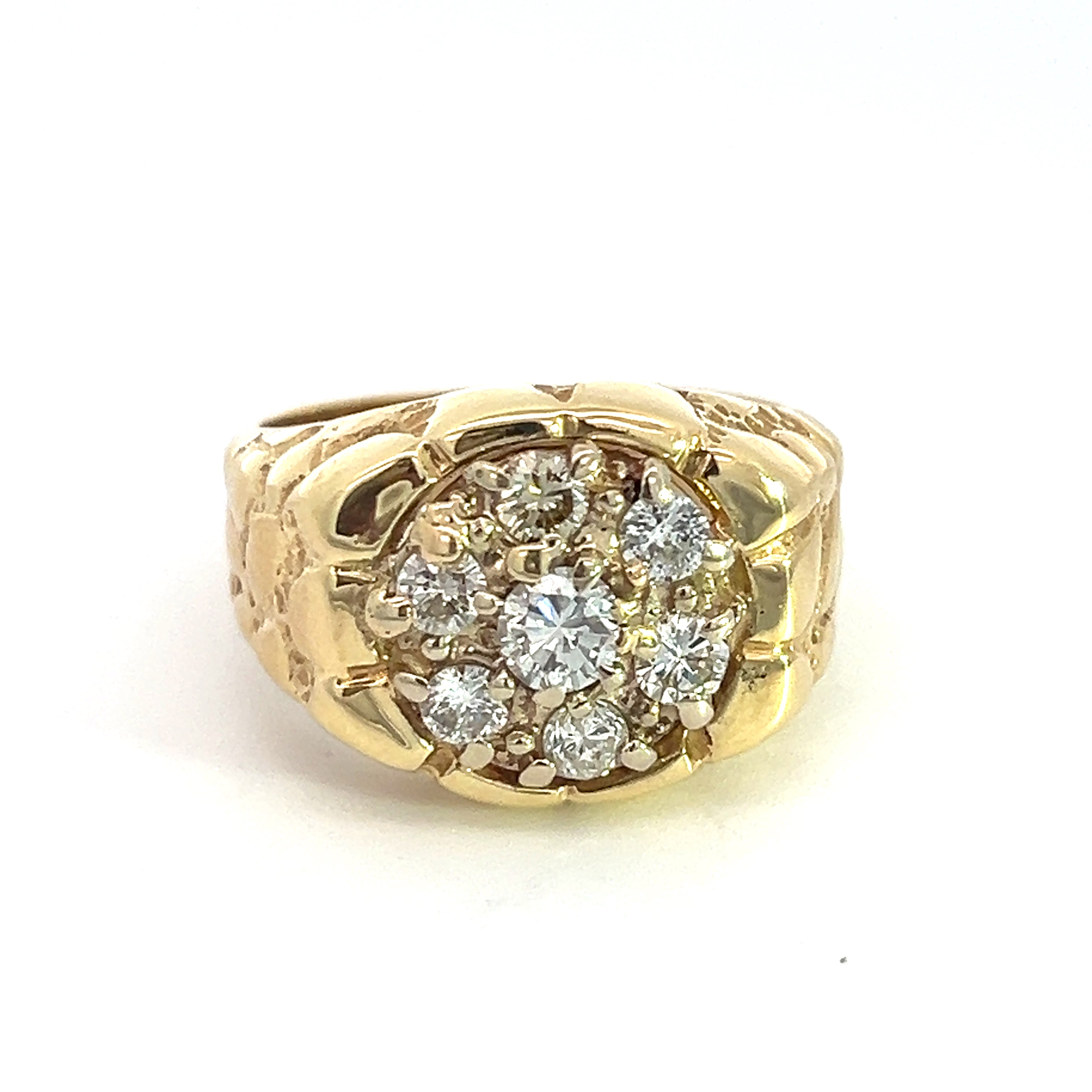 The Late Century 14ktyg 1ct Round Brilliant Cut Diamond Cluster Nugget Ring in yellow gold showcases a stunning floral design with a central diamond cluster. The intricately detailed band enhances its elegant and luxurious vintage appeal.