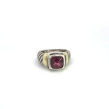 Load image into Gallery viewer, The Late Century 14ktyg/silver David Yermen 2.50ct Garnet Ring features a wide band with a grooved design made of sterling silver. At its center, it showcases a square, deep pink garnet gemstone, beautifully framed by a smooth, 14kt yellow gold bezel setting that offers a striking contrast against the silver band.