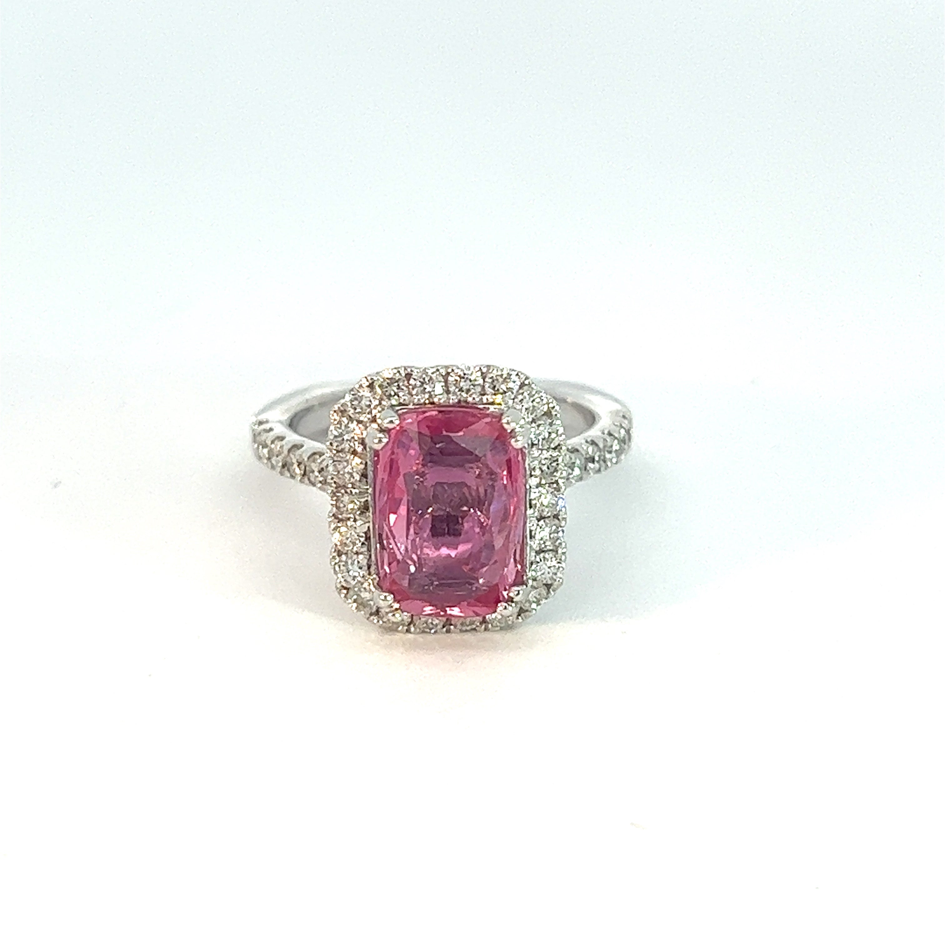 The Modern 14kt white gold ring showcases a striking 3.38ct No Heat Pink Sapphire at its center, encircled by a halo of .75cttw small, round white diamonds, all set against a plain, light background.