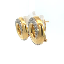 Load image into Gallery viewer, Close-up of a pair of Late Century 18kt Yellow Gold 2.25cttw Round Brilliant Cut Diamond Swirl Earrings, featuring small sparkling crystals. The earrings boast a circular design and exude vintage glamour, beautifully displayed against a white background.