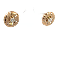 Load image into Gallery viewer, Introducing the Art Deco 14kt Yellow Gold .50cttw Old European Cut Diamond Stud Earrings. These exquisite stud earrings feature a central Old European Cut diamond set in 14 karat yellow gold, each adorned with a delicate floral design that highlights the single sparkling diamond at its center. The white background perfectly showcases the intricate detailing of these stunning earrings.