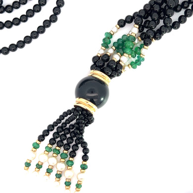 Mid Century 14kt Yellow Gold Onyx, Emerald, Pearl Dual Conversion Necklace