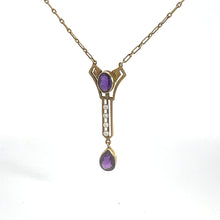 Load image into Gallery viewer, The Victorian 14kt Yellow Gold 3.50cttw Amethyst Pearl Lavalier Necklace showcases a central vertical pendant inspired by Victorian jewelry, featuring an oval amethyst gemstone at the top, three small white pearls in a row in the middle, and culminating with a larger teardrop-shaped amethyst gemstone at the bottom. The chain is composed of rectangular links.