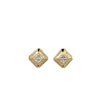 Load image into Gallery viewer, Introducing the Late Century 14kt Yellow Gold .92 &amp; .95ct Princess Cut Diamonds + .33cttw Studs, a pair of exquisite square earrings featuring central princess cut diamonds surrounded by smaller sparkling gems. These luxurious accessories exude vintage charm with their geometric design and clean lines. The intricate details are beautifully highlighted against the white background, making them heirloom-inspired treasures.