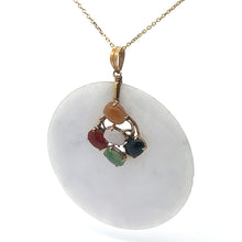 Load image into Gallery viewer, A vintage pendant in 14kt yellow gold adorns a delicate chain, featuring a large white circular centerpiece embellished with five smaller jade stones in orange, red, white, green, and dark blue. This exquisite piece is known as the Late Century 14ktyg Lavender Jade Disc + Multi Color Jade Overlay.