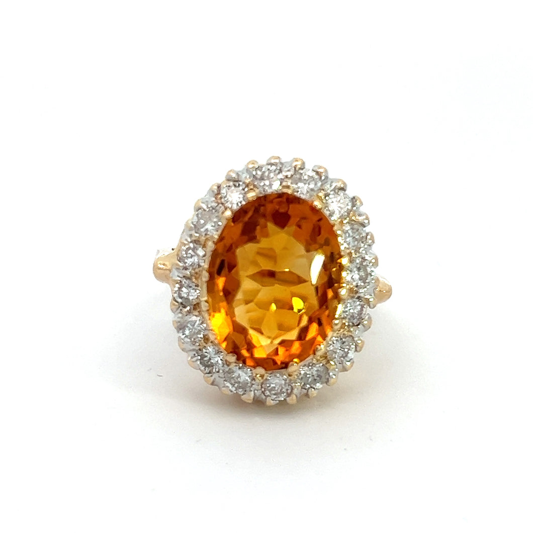 Mid Century 14kt Yellow Gold 5ct Citrine + 1.60cttw Diamond Ring