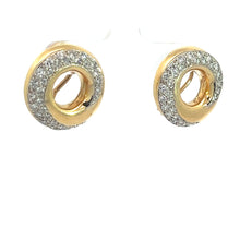 Load image into Gallery viewer, Close-up of a pair of Late Century 18kt Yellow Gold 2.25cttw Round Brilliant Cut Diamond Swirl Earrings encrusted with small diamonds on the upper part of the circle. Each earring features an open center, creating a hollow, donut-shaped design that exudes vintage glamour.