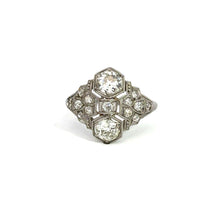 Load image into Gallery viewer, The Art Deco Platinum 1.20cttw Old Mine Cut + 1.04cttw Diamond Ring showcases a stunning design with three hexagon-cut diamonds vertically arranged, surrounded by smaller Old Mine cut diamonds set in an intricate platinum band. This symmetrical design exudes classic Art Deco charm, combining elegance and timeless beauty.