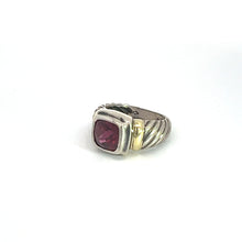 Load image into Gallery viewer, The Late Century 14ktyg/silver David Yermen 2.50ct Garnet Ring is showcased against a white background. This sterling silver ring has a twisted band design and features a square-shaped, deep red garnet gemstone set in a raised, rounded square bezel. The shoulders of the ring are slightly raised and exhibit a ribbed texture.