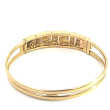 Load image into Gallery viewer, The Late Century 18ktyg 1.80cttw Greek Key Diamond Bangle Bracelet boasts a classic design, characterized by interconnected rectangular segments. Crafted from 18k yellow gold with a smooth, polished finish, this elegant and sophisticated bracelet displays intricate Greek key patterns on the inner side.