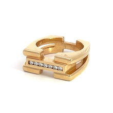 Load image into Gallery viewer, The Late Century 14ktyg Gauthier .35cttw Heavy Gold Ring showcases a modern, geometric design with a horizontal bar adorned with a row of sparkling diamonds across the top. Crafted from 14kt yellow gold, the ring features angular cutouts and a polished finish.