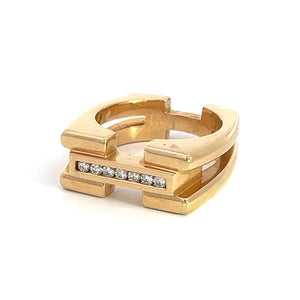 The Late Century 14ktyg Gauthier .35cttw Heavy Gold Ring showcases a modern, geometric design with a horizontal bar adorned with a row of sparkling diamonds across the top. Crafted from 14kt yellow gold, the ring features angular cutouts and a polished finish.