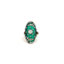 Load image into Gallery viewer, An Art Deco ring showcasing a striking combination of a vivid green enamel centerpiece surrounded by numerous small round Old Mine cut diamonds totaling 1.90 carats, set in an intricate blend of platinum and 18kt yellow gold. The .75-carat diamonds add unparalleled sparkle to the ornate and elegant design, enhancing the bold color contrast created by the green enamel.