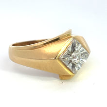 Load image into Gallery viewer, Introducing the Late Century 14kt Two Tone Gold .25ct Old Mine Cut Diamond Ring! This stunning piece showcases an angular design with a distinctive square setting. At its heart lies a central Old Mine Cut diamond, encircled by intricate metalwork that evokes a starburst pattern. The ring features a thick shank that tapers subtly as it wraps around the finger, exuding timeless vintage charm.