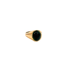 Load image into Gallery viewer, A gold ring featuring a large, round dark green gemstone set in a simple, sturdy band exudes vintage allure. With a smooth finish and classic design reminiscent of the Victorian era, this Victorian 14kt Yellow Gold Bloodstone Ring stands elegantly against a plain white background.