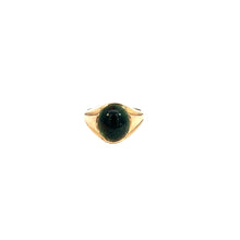 Load image into Gallery viewer, The Victorian 14kt Yellow Gold Bloodstone Ring features a round, dark green gemstone set in the center. Its simple, elegant design and smooth, polished finish exude vintage allure. The gemstone serves as the focal point, giving the ring a classic and timeless look against a plain white background.