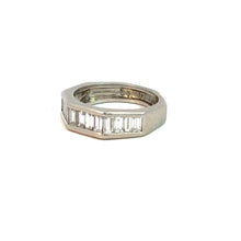 Load image into Gallery viewer, A platinum ring is displayed with a band of emerald-cut diamonds set horizontally along its length. This Late Century Platinum Henri Carre 1.50cttw Emerald Cut Diamond Band features a geometric design and a polished finish, embodying classic elegance.