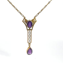 Load image into Gallery viewer, Adorn yourself with the Victorian 14kt Yellow Gold 3.50cttw Amethyst Pearl Lavalier Necklace, showcasing a top amethyst gemstone set in a stylized geometric design. Below it hangs a vertical bar adorned with three small pearls, culminating in another teardrop-shaped amethyst gemstone. This exquisite piece exudes timeless elegance.