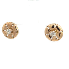 Load image into Gallery viewer, The Art Deco 14kt Yellow Gold .50cttw Old European Cut Diamond Stud Earrings feature a pair of round, central sparkling Old European cut diamonds. The earrings are adorned with a textured, petal-like design around the stones, adding a floral elegance to these simple yet sophisticated pieces. The white background highlights the stunning details of the earrings.