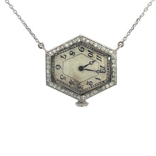 Load image into Gallery viewer, An Art Deco Platinum pentagon-shaped luxury watch with an 18kt white gold 20-inch chain and an ornate border adorned with .88 carats of sparkling diamonds. The watch face features elegant black numerals and ornate clock hands, with a small crown at the bottom for winding. This timeless piece exudes Art Deco era charm.