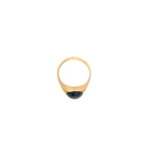 Load image into Gallery viewer, The Victorian 14kt Yellow Gold Bloodstone Ring showcases a single round dark gemstone at its center. The ring&#39;s band is smooth and curves elegantly to hold the stone securely. The gemstone appears black with a glossy finish, providing a striking contrast to the bright gold of the ring, evoking vintage allure against the white background.