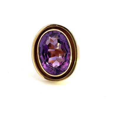 Mid Century 14kt Yellow Gold 11.16ct Amethyst Double Halo Ring