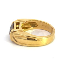 Load image into Gallery viewer, The Late Century 18kt yellow gold ring boasts a wide band adorned with an intricate design near the setting. It features a striking square-cut, 3-carat cognac zircon gemstone. The inside of the band is marked, indicating its high-quality 18kt yellow gold composition.