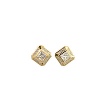 Load image into Gallery viewer, Introducing the Late Century 14kt Yellow Gold .92 &amp; .95ct Princess Cut Diamond + .33cttw Studs, a pair of elegant stud earrings featuring a central princess cut diamond surrounded by smaller diamonds in a square design. These sophisticated earrings have a polished finish reminiscent of late-century diamond studs.