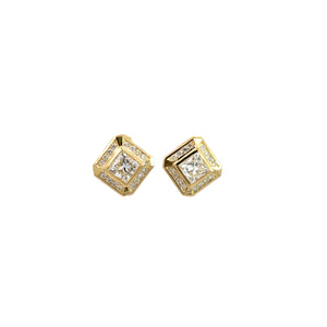 Introducing the Late Century 14kt Yellow Gold .92 & .95ct Princess Cut Diamond + .33cttw Studs, a pair of elegant stud earrings featuring a central princess cut diamond surrounded by smaller diamonds in a square design. These sophisticated earrings have a polished finish reminiscent of late-century diamond studs.