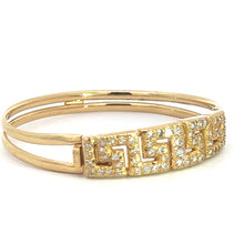 Load image into Gallery viewer, The Late Century 18ktyg 1.80cttw Greek Key Diamond Bangle Bracelet showcases a geometric Greek key pattern in the center, adorned with dazzling clear diamonds. The band is comprised of two parallel 18k yellow gold lines, offering an elegant and sophisticated look.