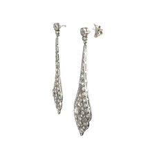 Load image into Gallery viewer, A pair of elegant, long Art Deco Platinum 8cttw Old Mine Cut &amp; Antique Cut Diamond Drop Earrings encrusted with diamonds. The earrings feature an intricate, tapering design with a mix of round and baguette-shaped diamonds set in platinum. The stud backing is visible.