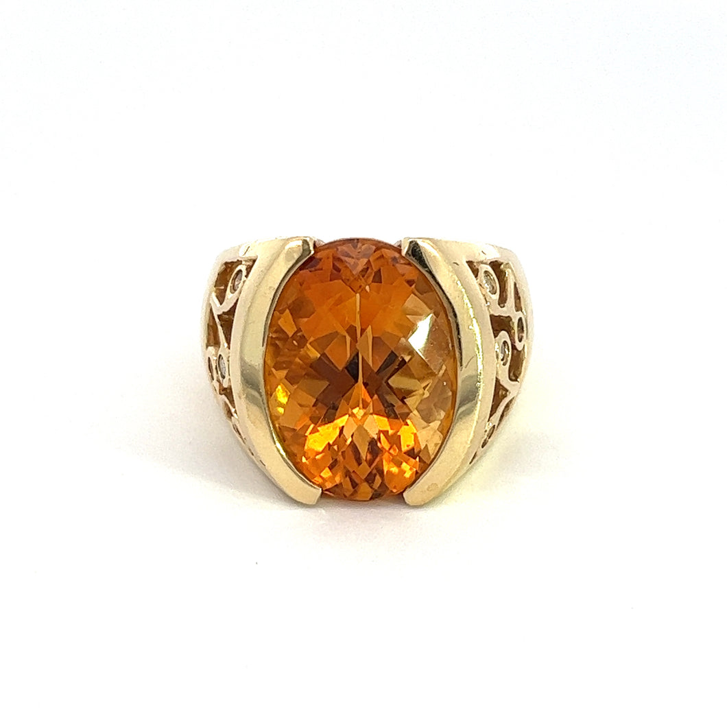 Late Century 14kt Yellow Gold approx 17ct Checkerboard  Cut Citrine + .25cttw Diamond Ring