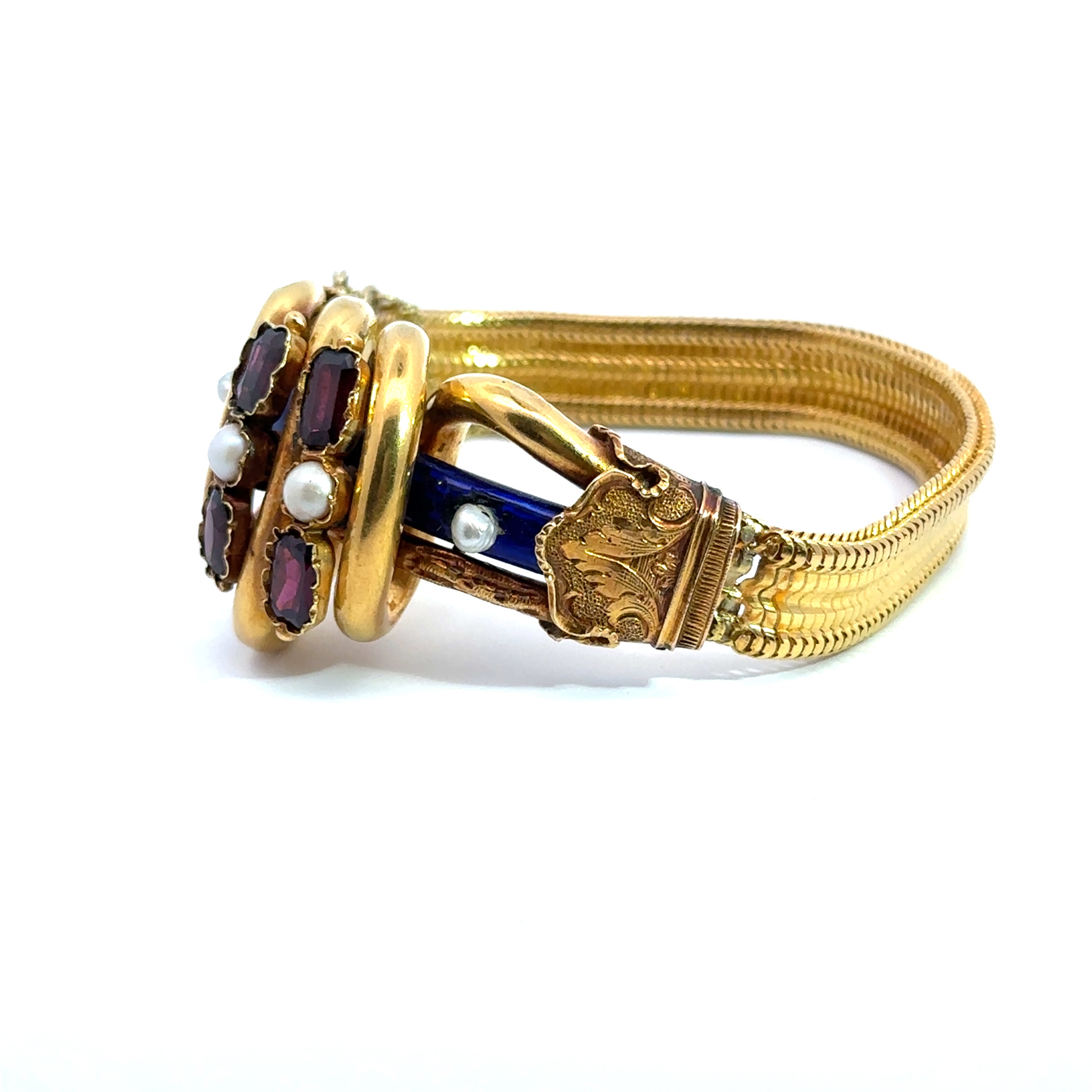 Victorian Garnet, Pearl & Cobalt Blue Enamel Bracelet