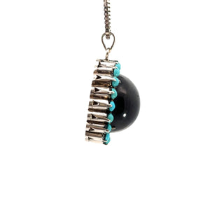 Late Century Silver Chrome Diopside + Turquoise pendant on 16 Inch Chain
