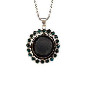 Late Century Silver Chrome Diopside + Turquoise pendant on 16 Inch Chain