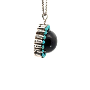 Late Century Silver Chrome Diopside + Turquoise pendant on 16 Inch Chain