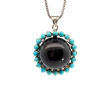 Load image into Gallery viewer, Late Century Silver Chrome Diopside + Turquoise pendant on 16 Inch Chain