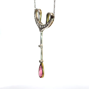 Edwardian Platinum Rubellite Tourmaline + OMC Diamond Pendant/Earrings set