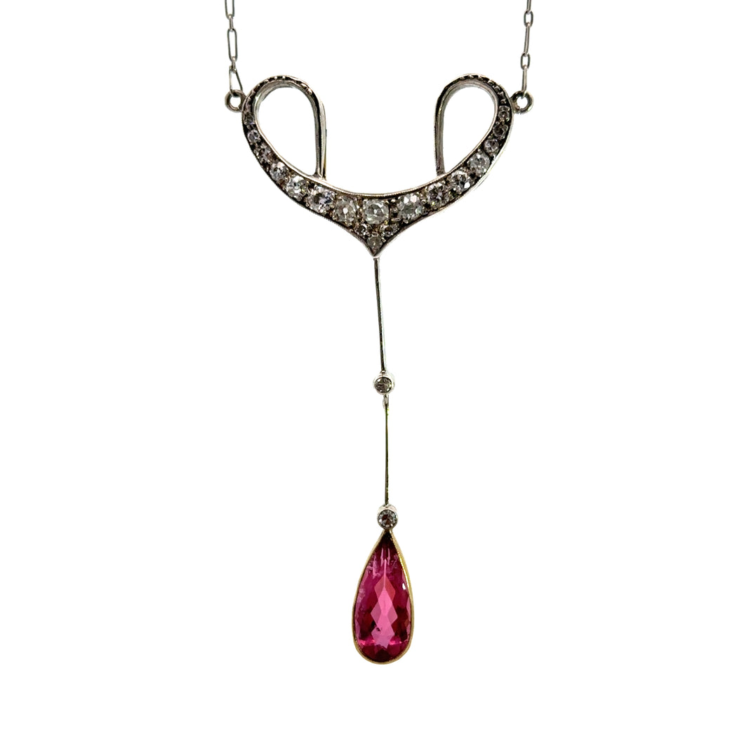 Edwardian Platinum Rubellite Tourmaline + OMC Diamond Pendant/Earrings set