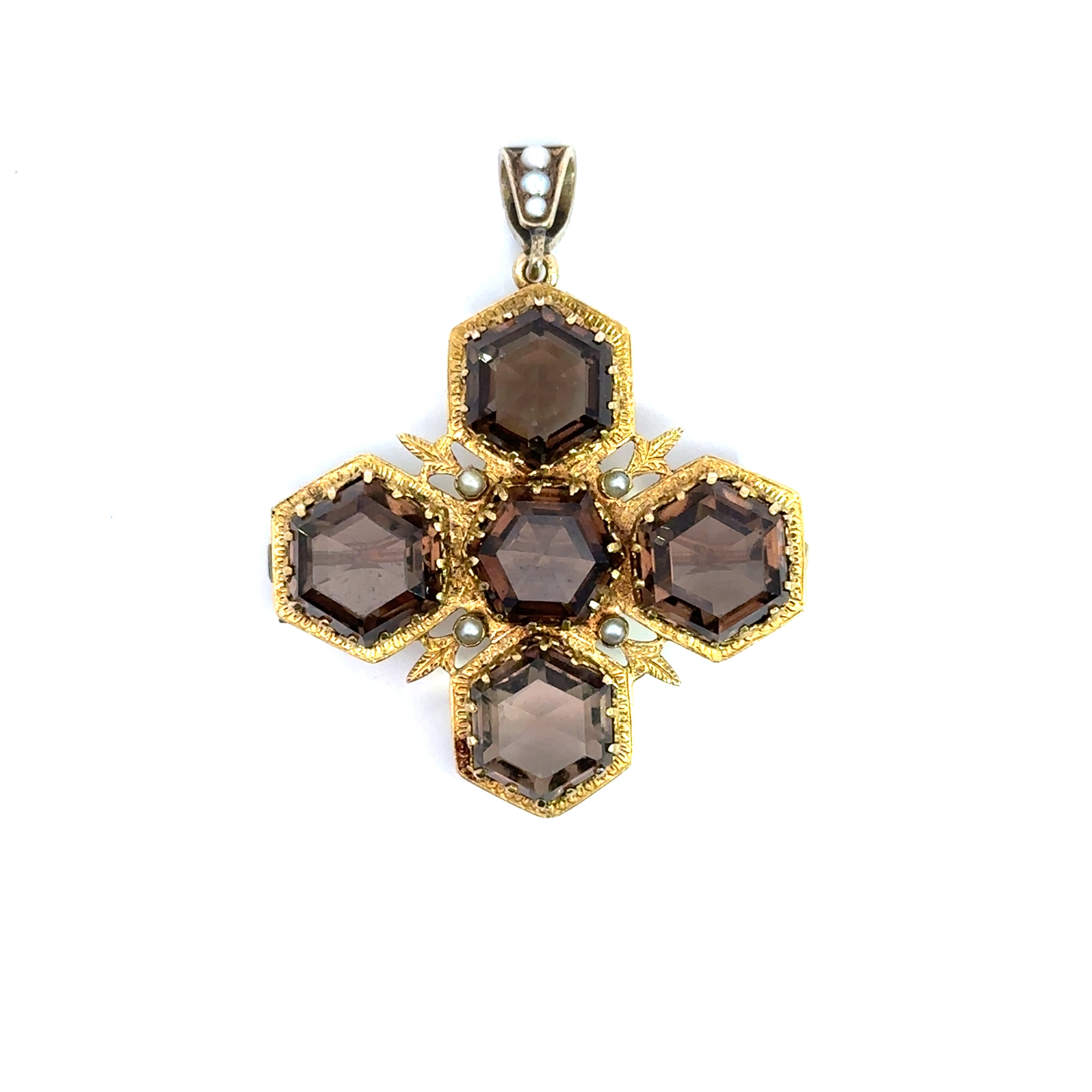 Victorian Gold Smokey Quartz & seed pearl cross pendant