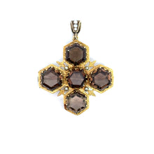 Load image into Gallery viewer, Victorian Gold Smokey Quartz &amp; seed pearl cross pendant