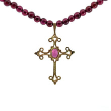 Load image into Gallery viewer, Mid Century Gold Garnet Cross on Garnet Bead 16inch Necklace